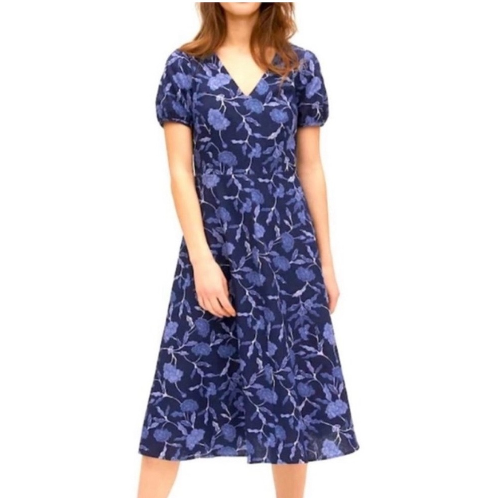 Gap Linen Blue Floral Puff Sleeve V-neck Smock Back MIDI Sundress Size 2